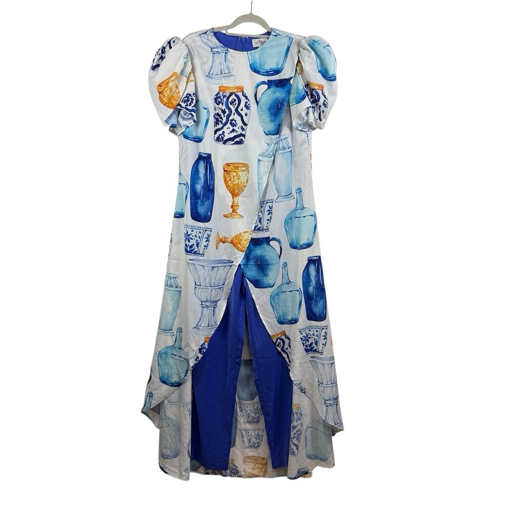 Sassy Jones Blue & Gold Printed Puff-Sleeve Jumpsuit Romper